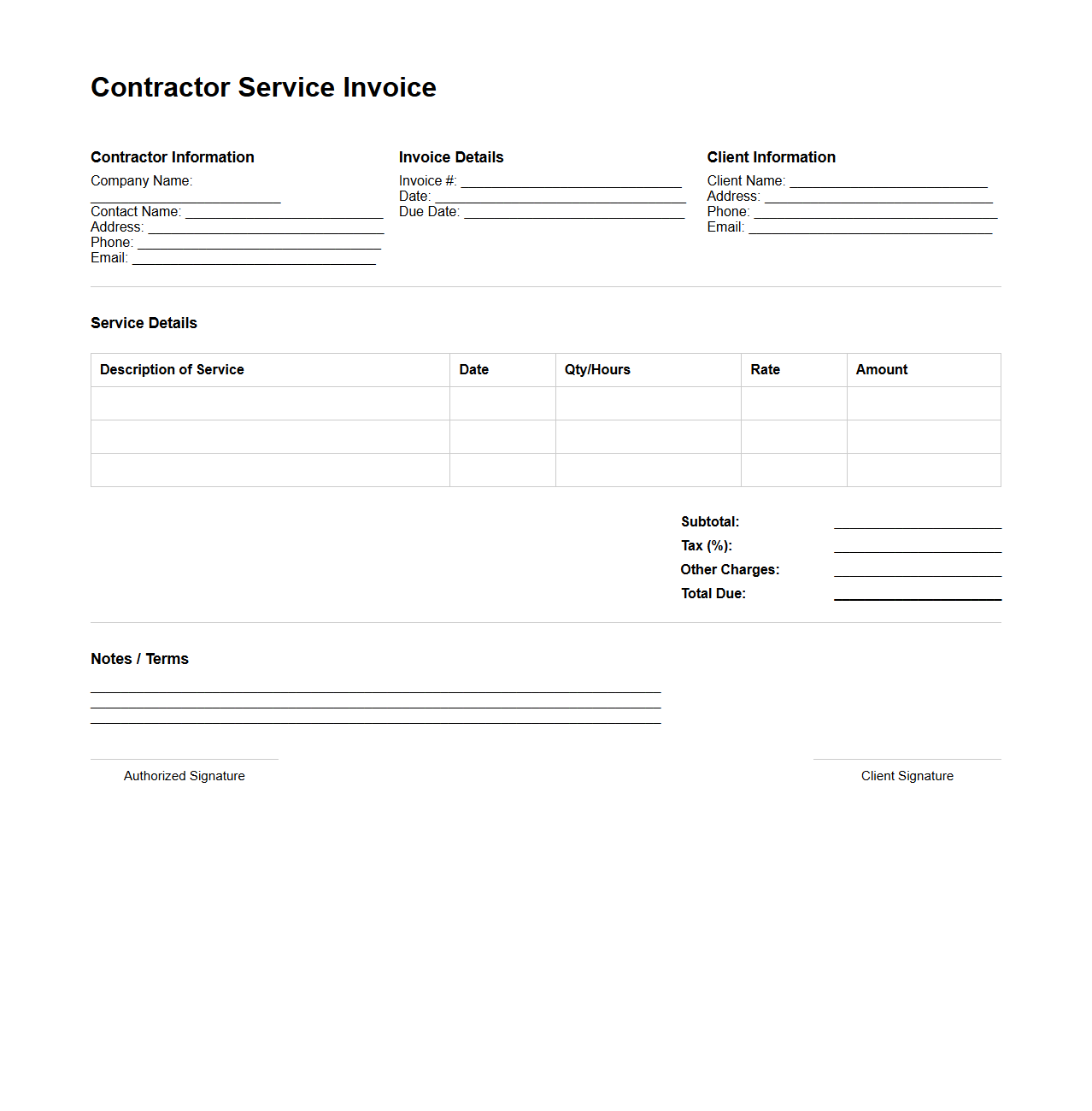 Contractor Service Invoice Sheet