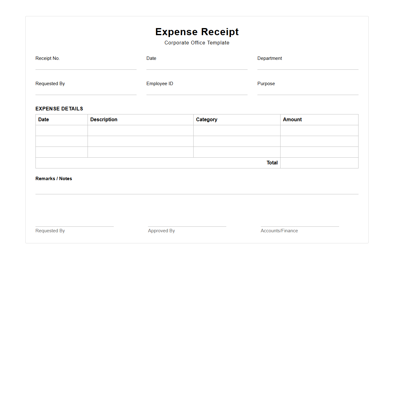Corporate Blank Expense Receipt Template for Office Use