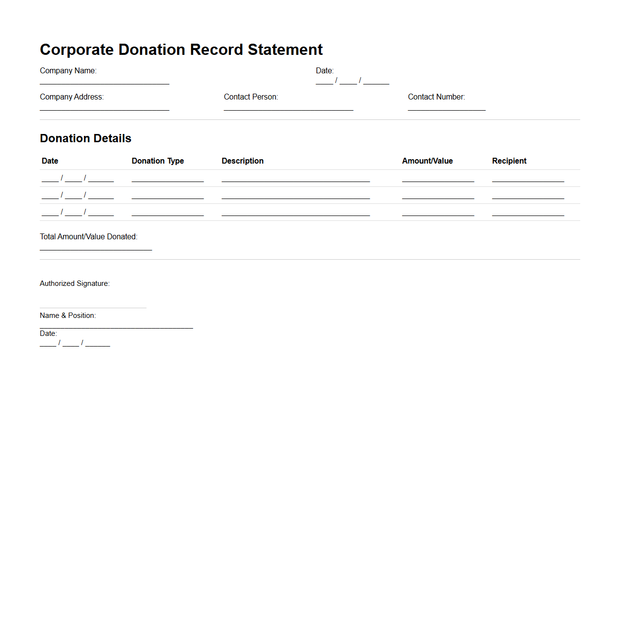 Corporate Donation Record Statement