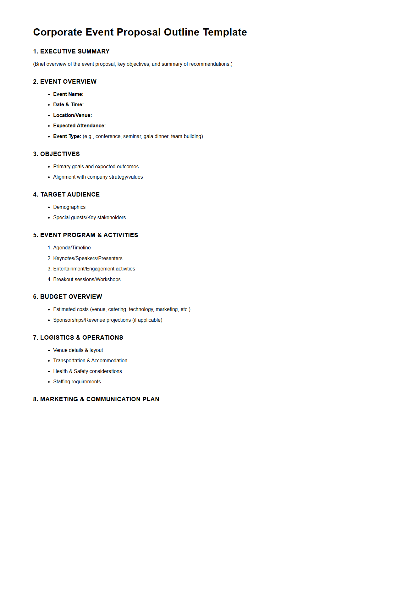 Corporate Event Proposal Outline Template