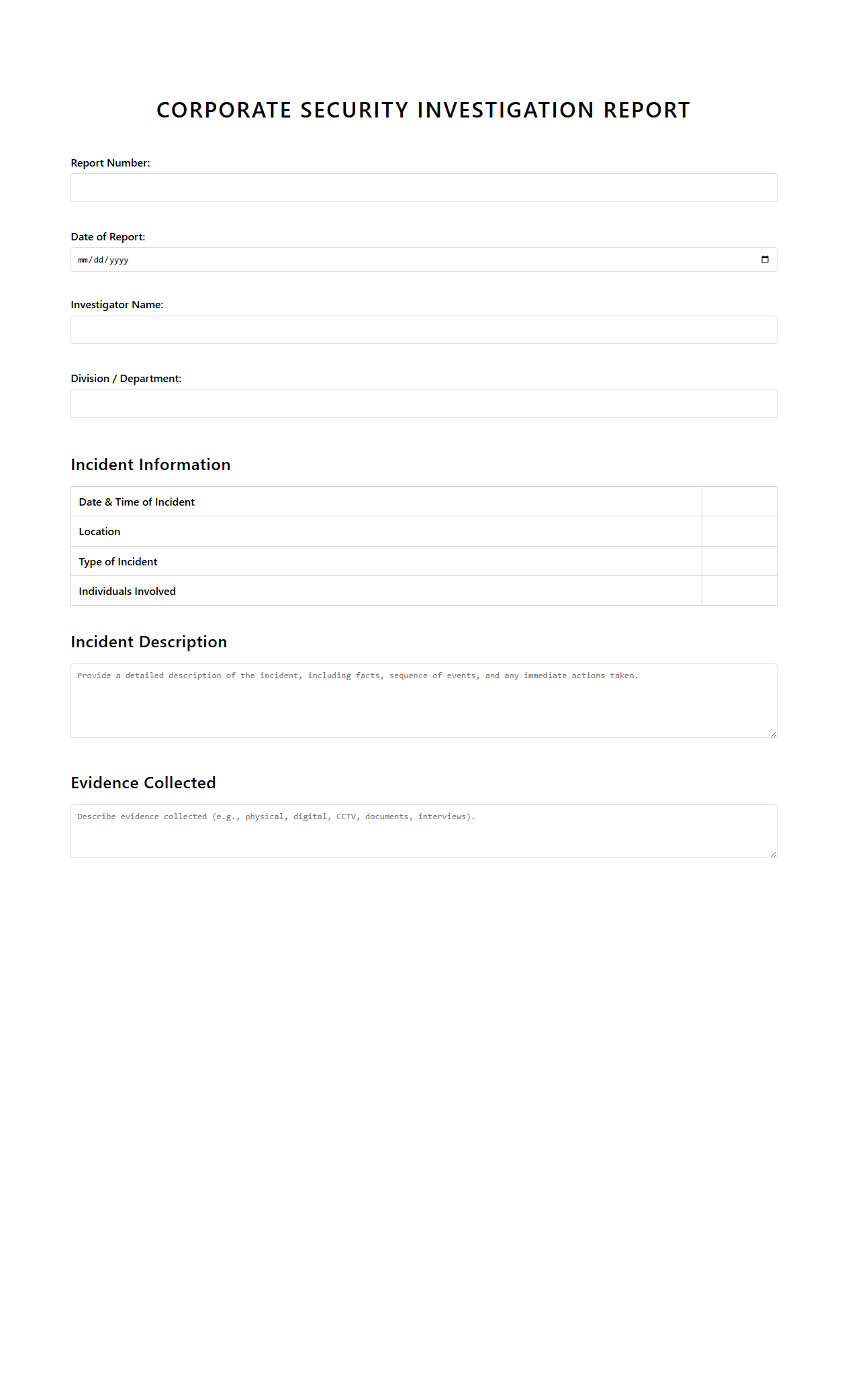 Corporate Security Investigation Report Template
