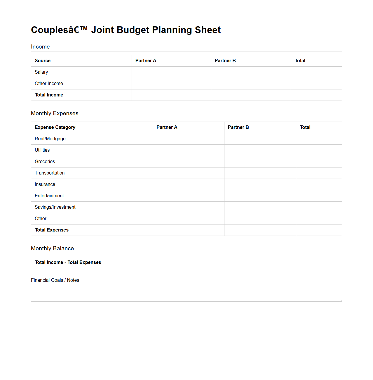 Couples’ Joint Budget Planning Sheet