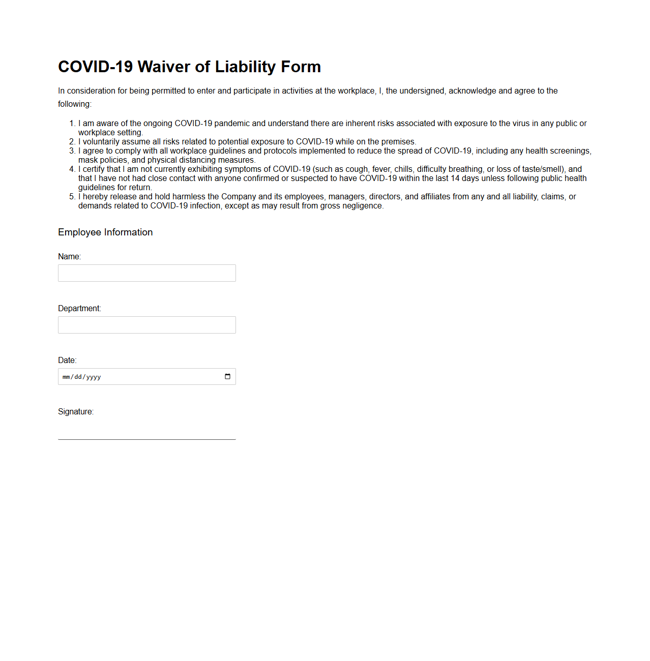 COVID-19 Waiver of Liability Form for Workplace