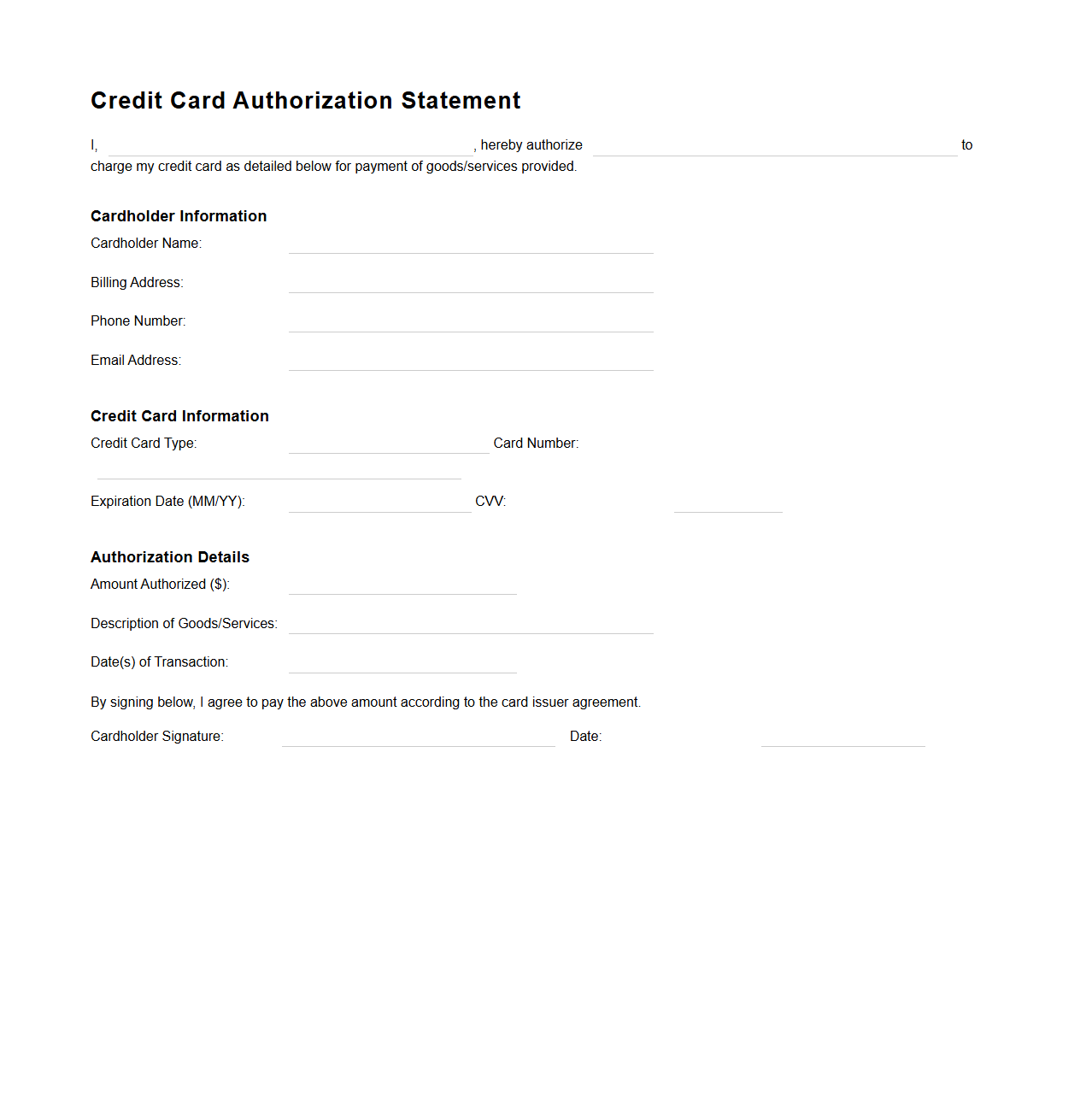 Credit Card Authorization Statement Sample