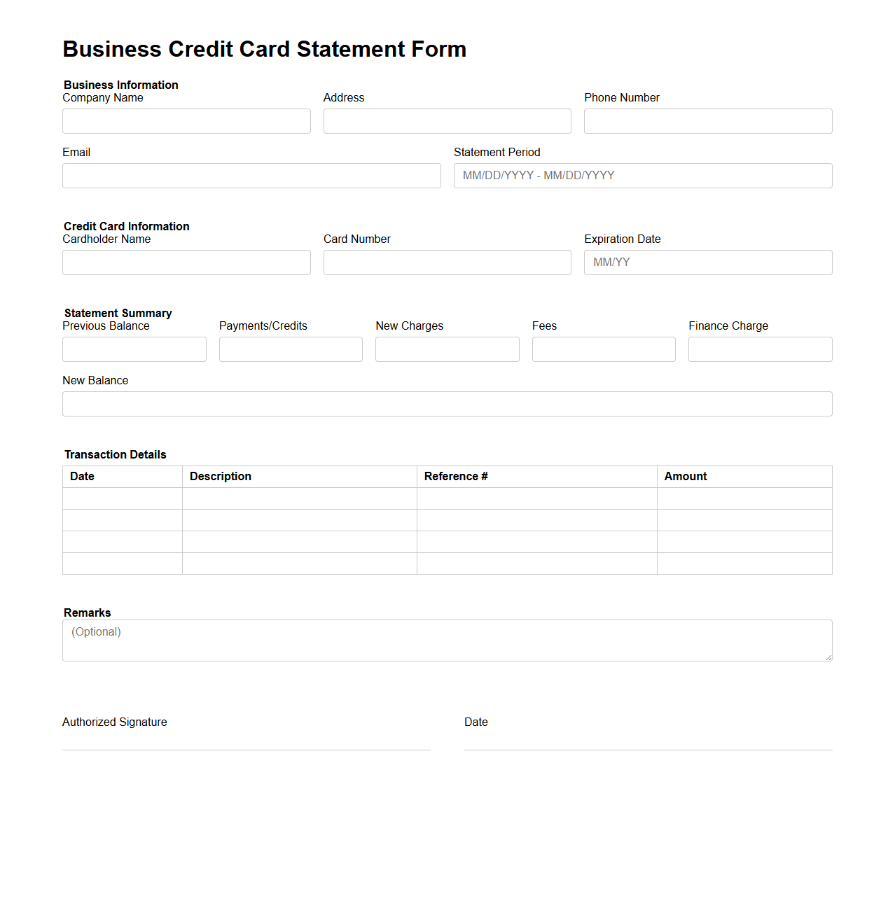 Credit Card Statement Form for Businesses