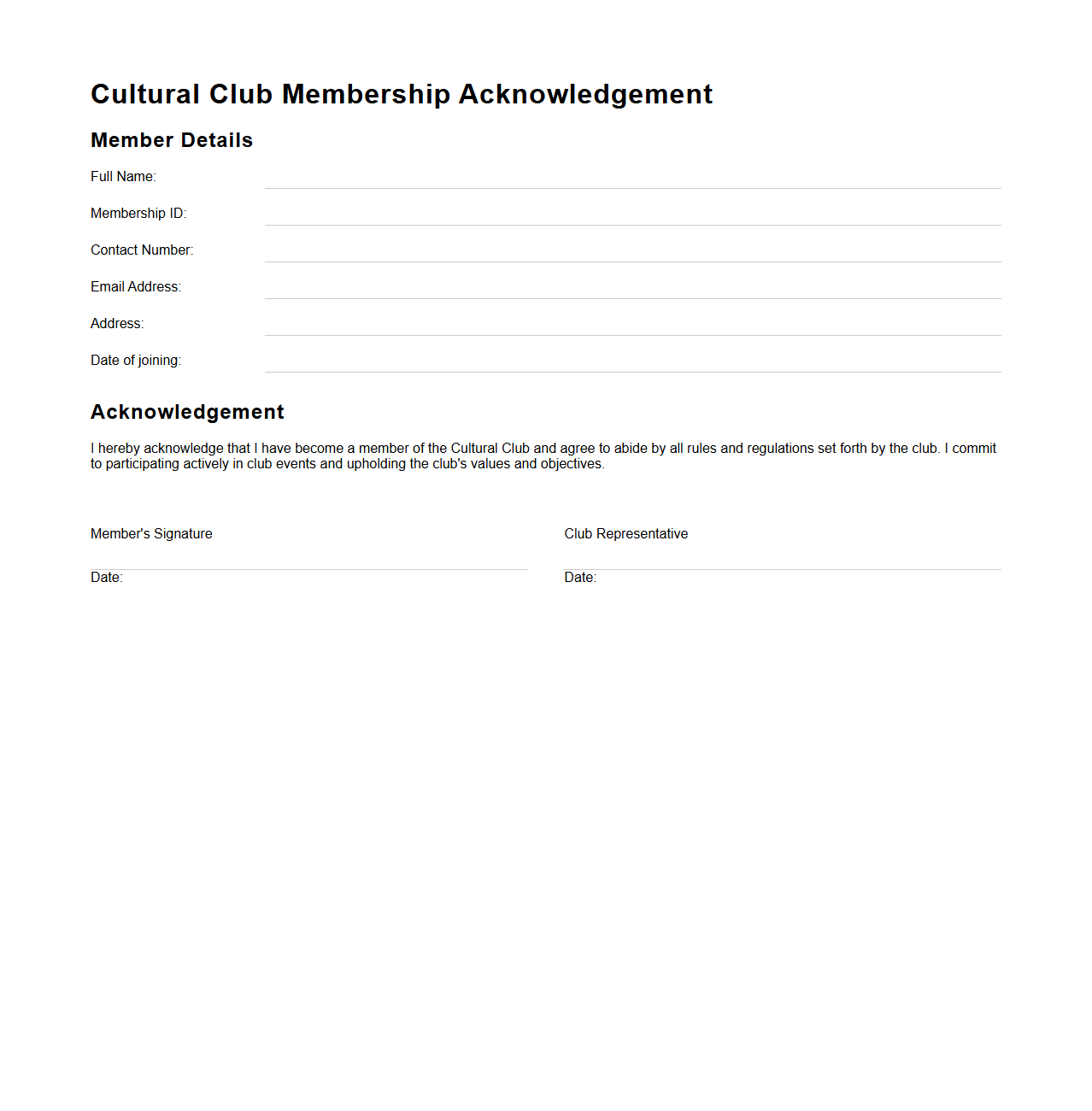 Cultural Club Membership Acknowledgement Template