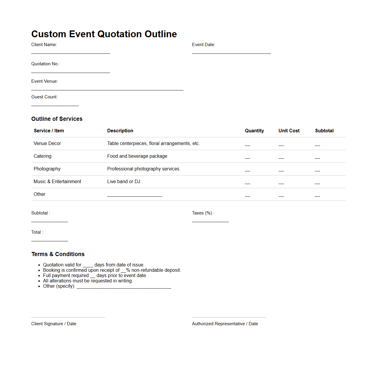 Custom Event Quotation Outline for Wedding Planners