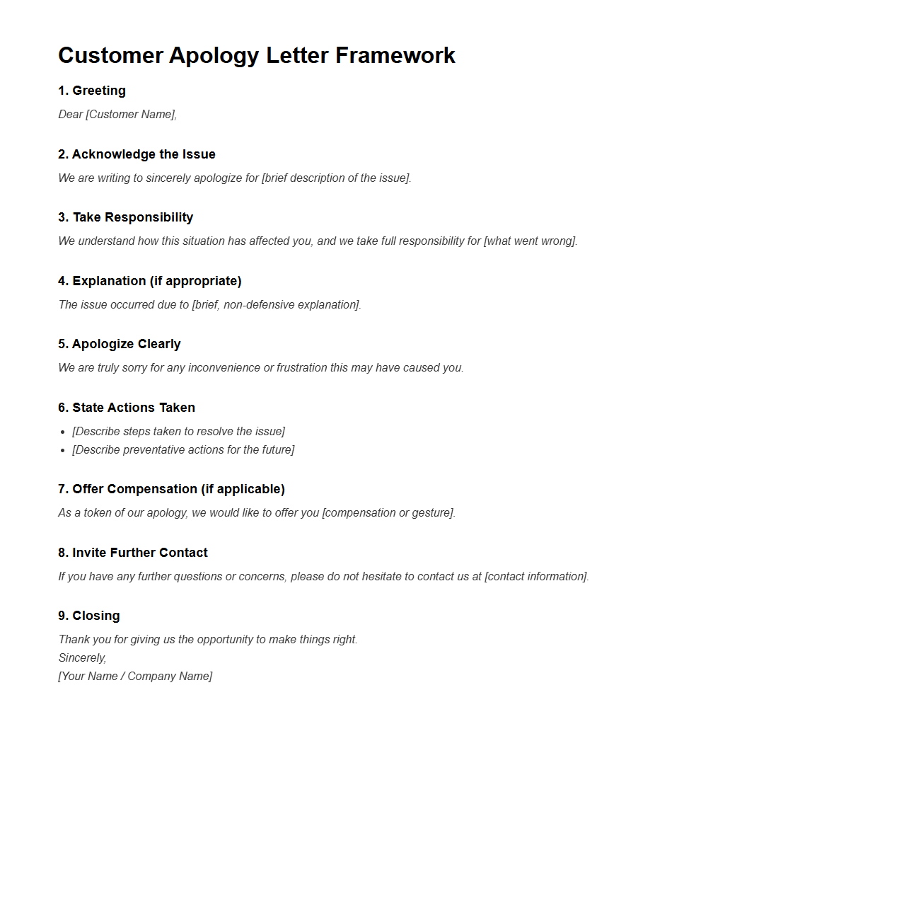 Customer Apology Letter Framework
