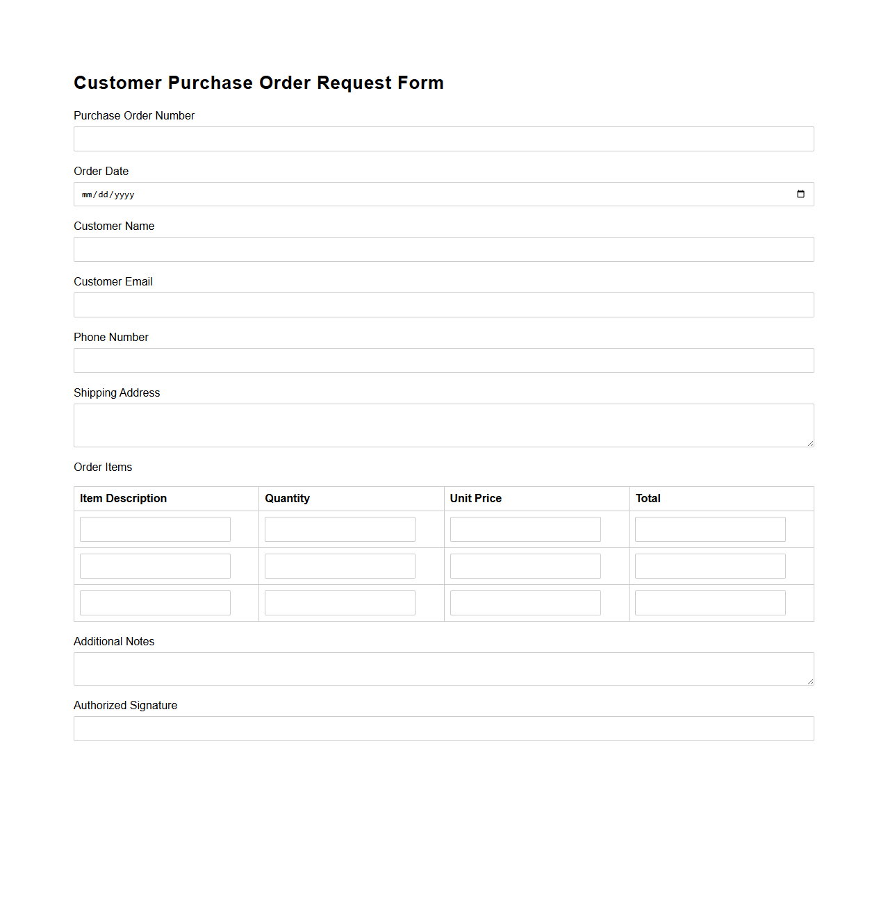 Customer Purchase Order Request Form