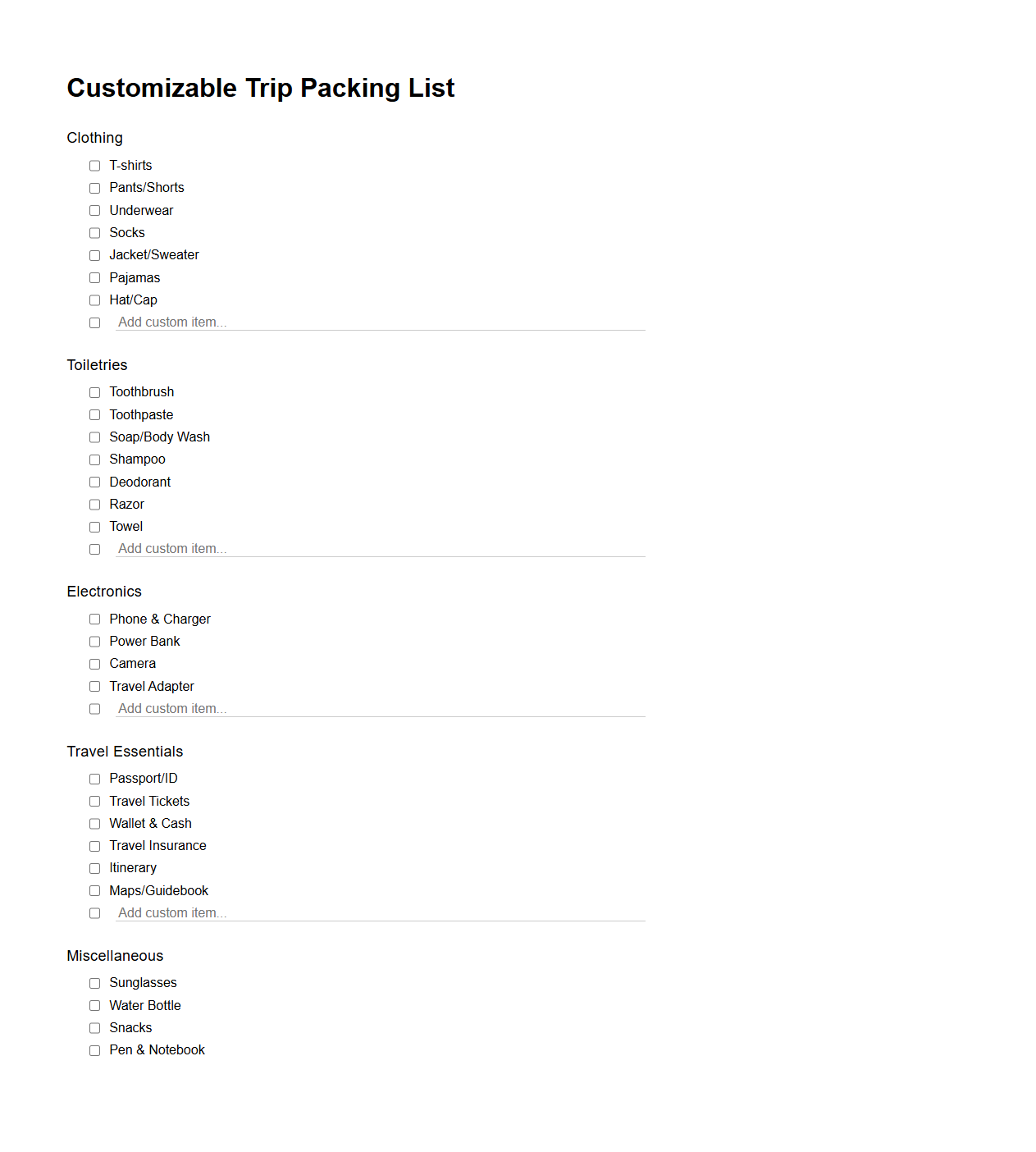 Customizable Trip Packing List for Travelers
