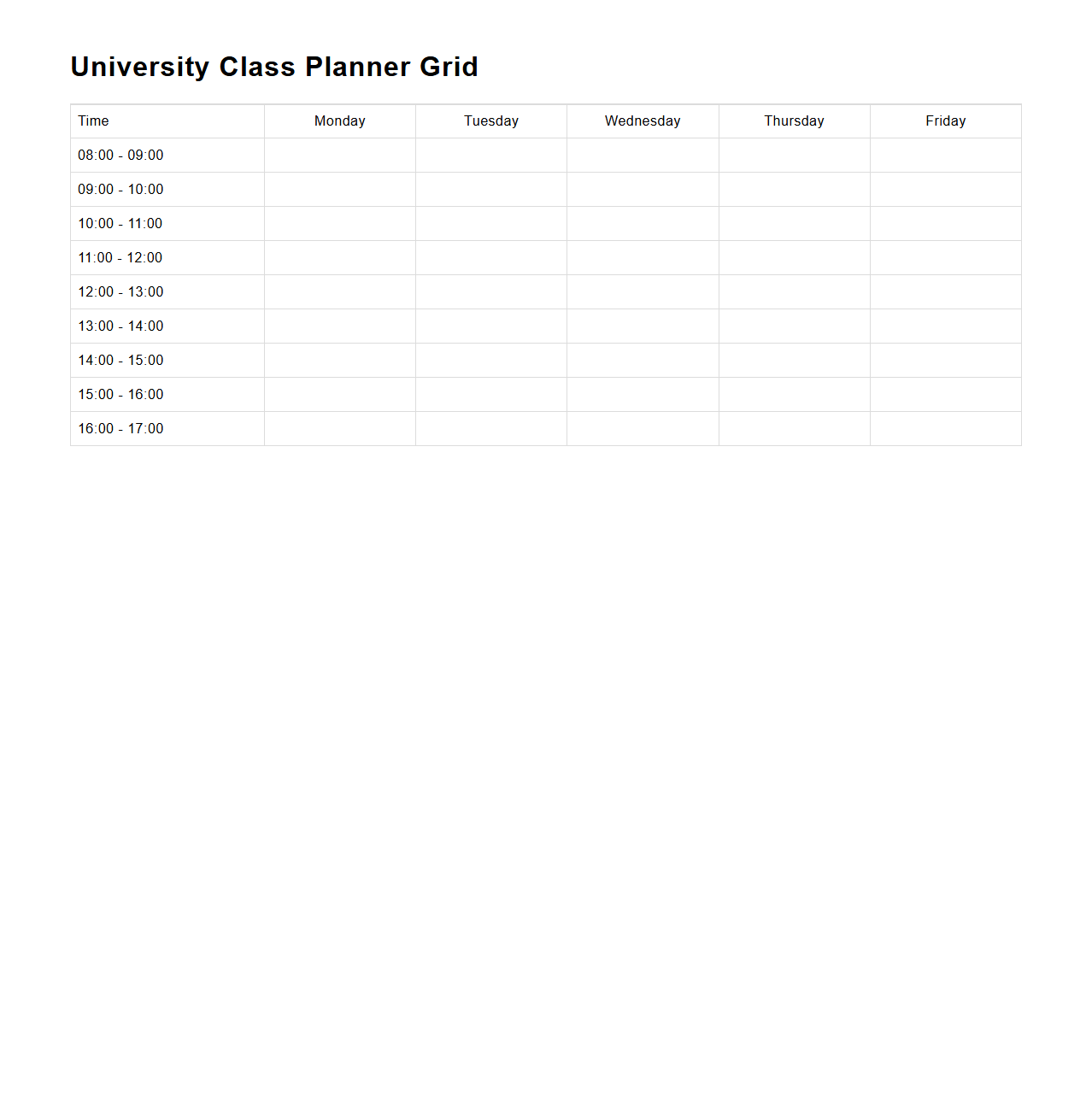 Customizable University Class Planner Grid