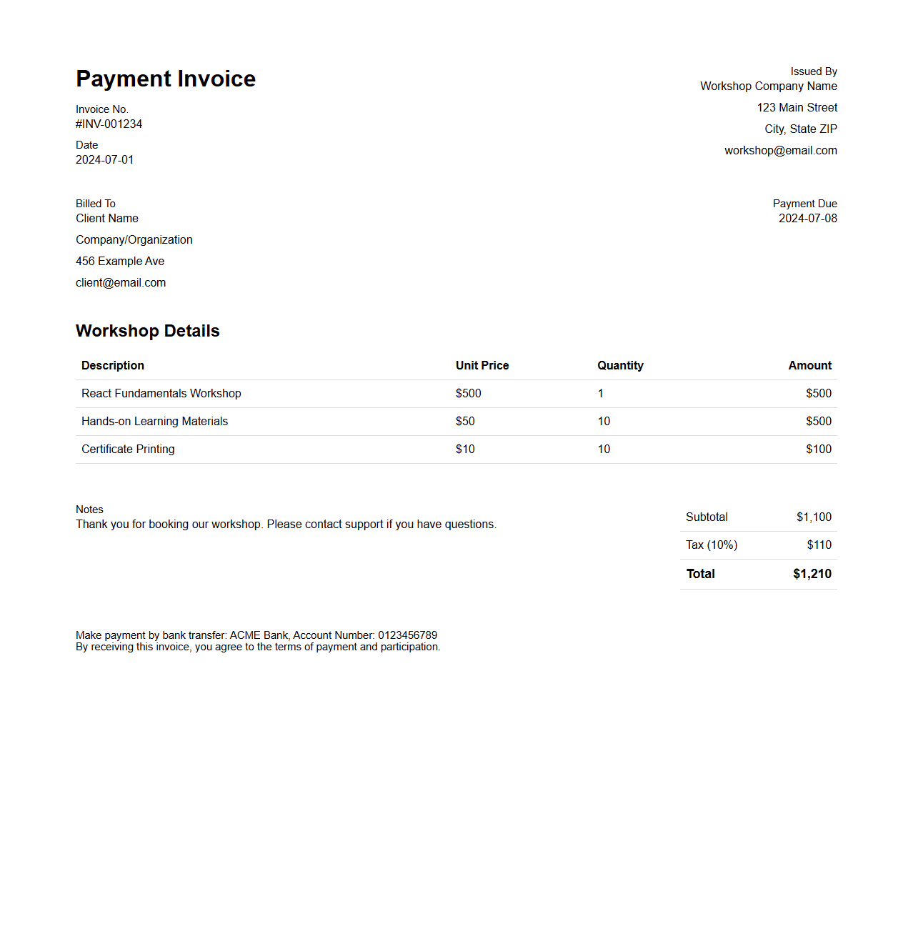 Customizable Workshop Payment Invoice