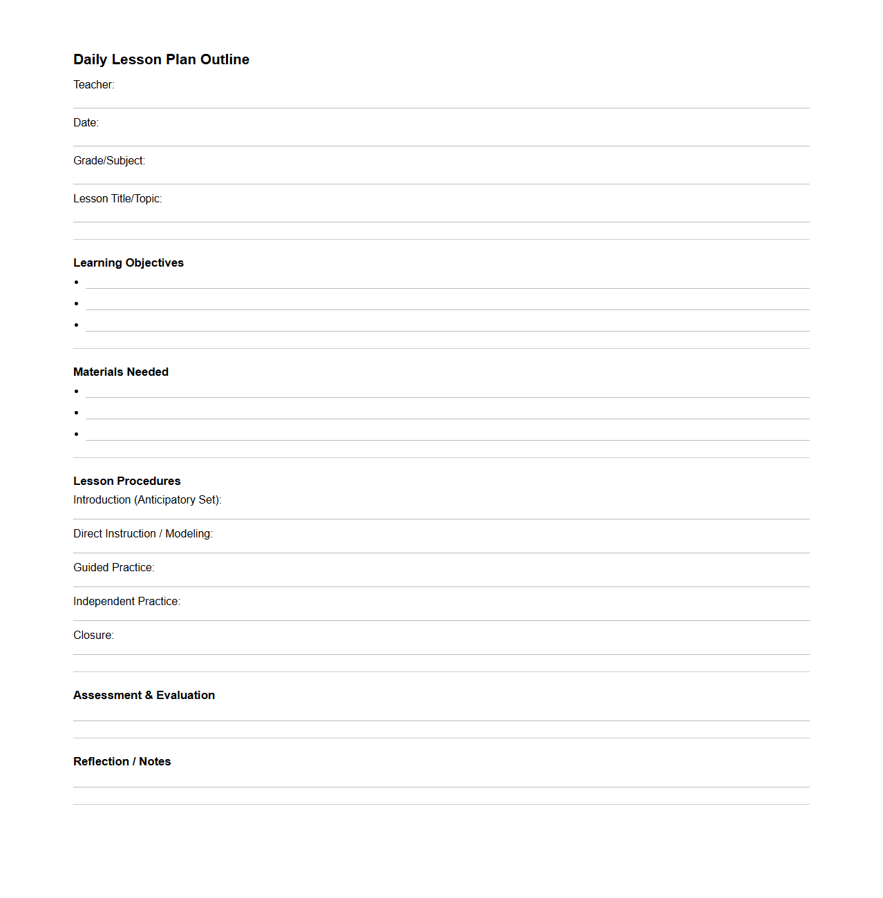 Daily Lesson Plan Outline for Teachers