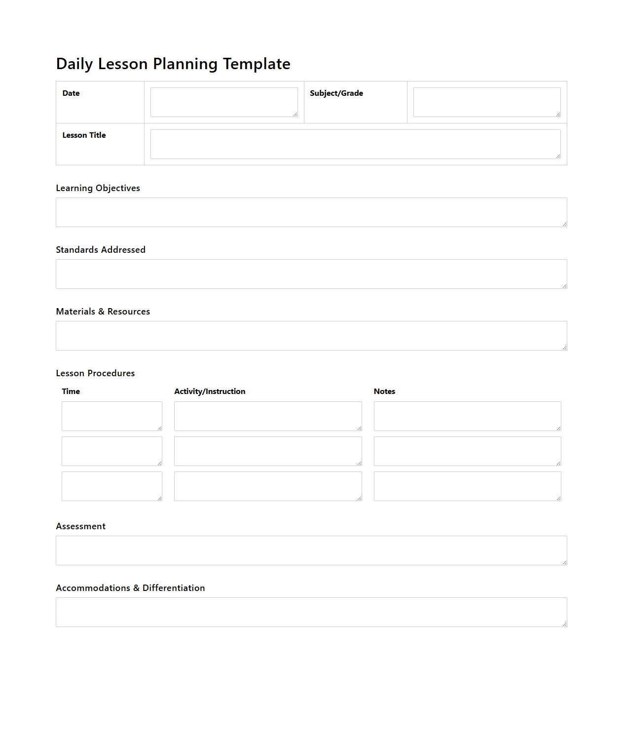 Daily Lesson Planning Template for Educators