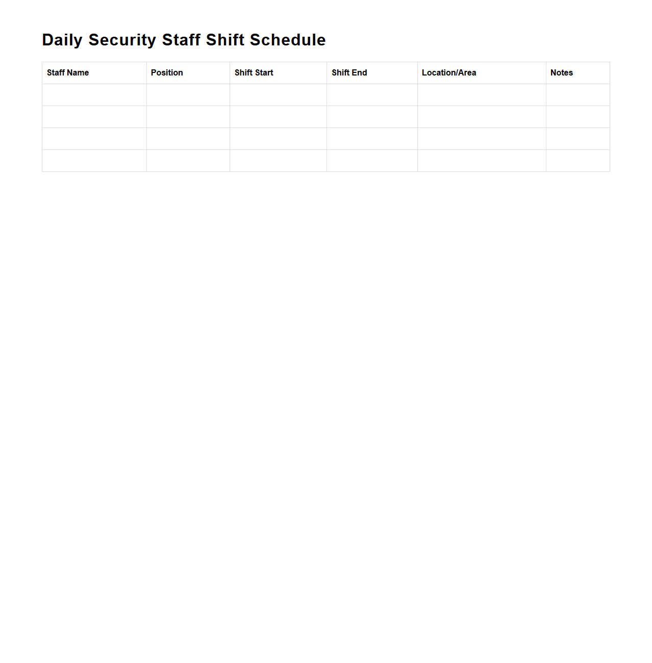 Daily Security Staff Shift Schedule
