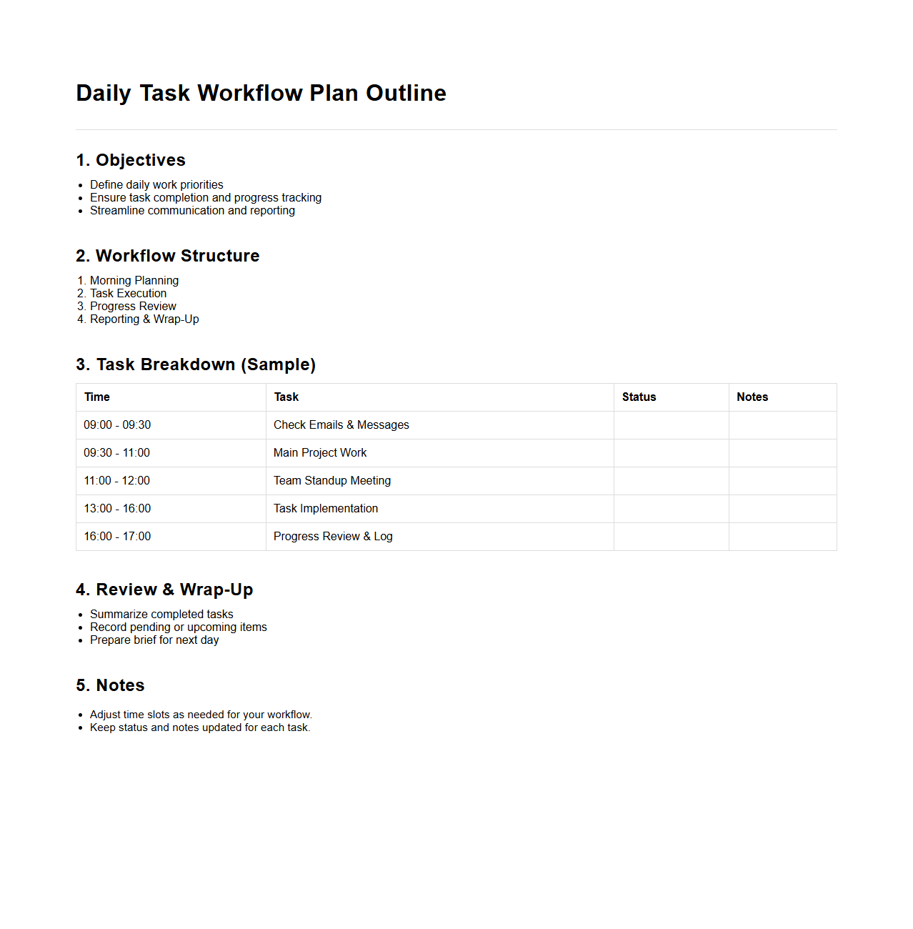 Daily Task Workflow Plan Outline