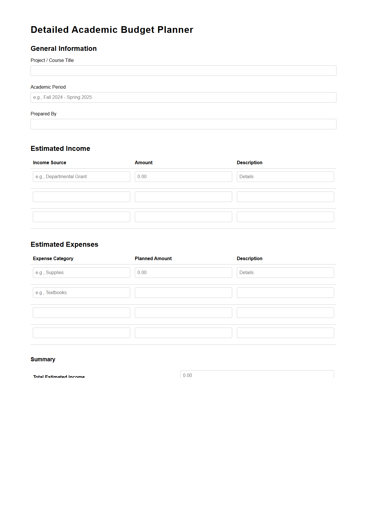 Detailed Academic Budget Planner