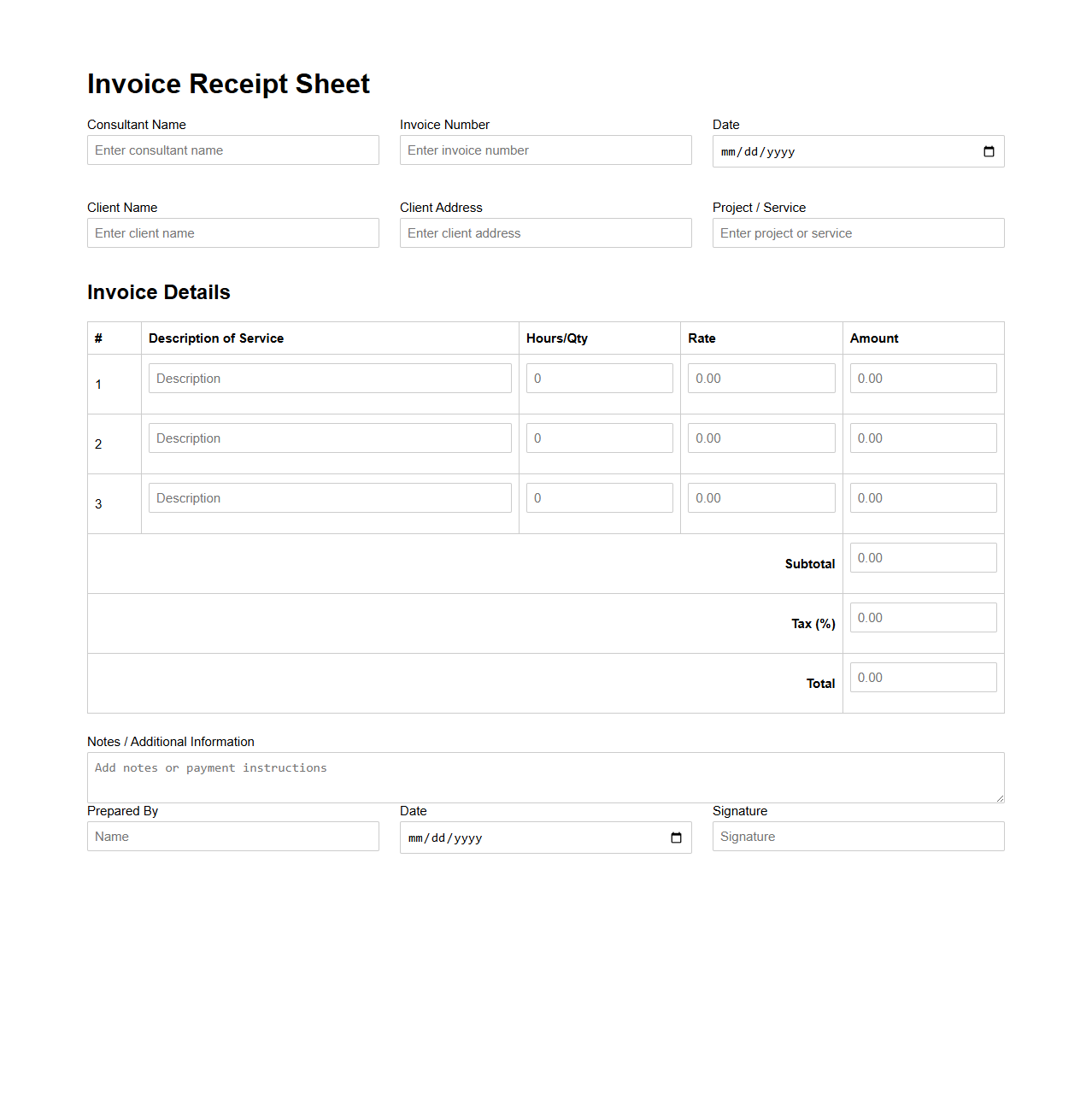 Detailed Blank Invoice Receipt Sheet for Consultants