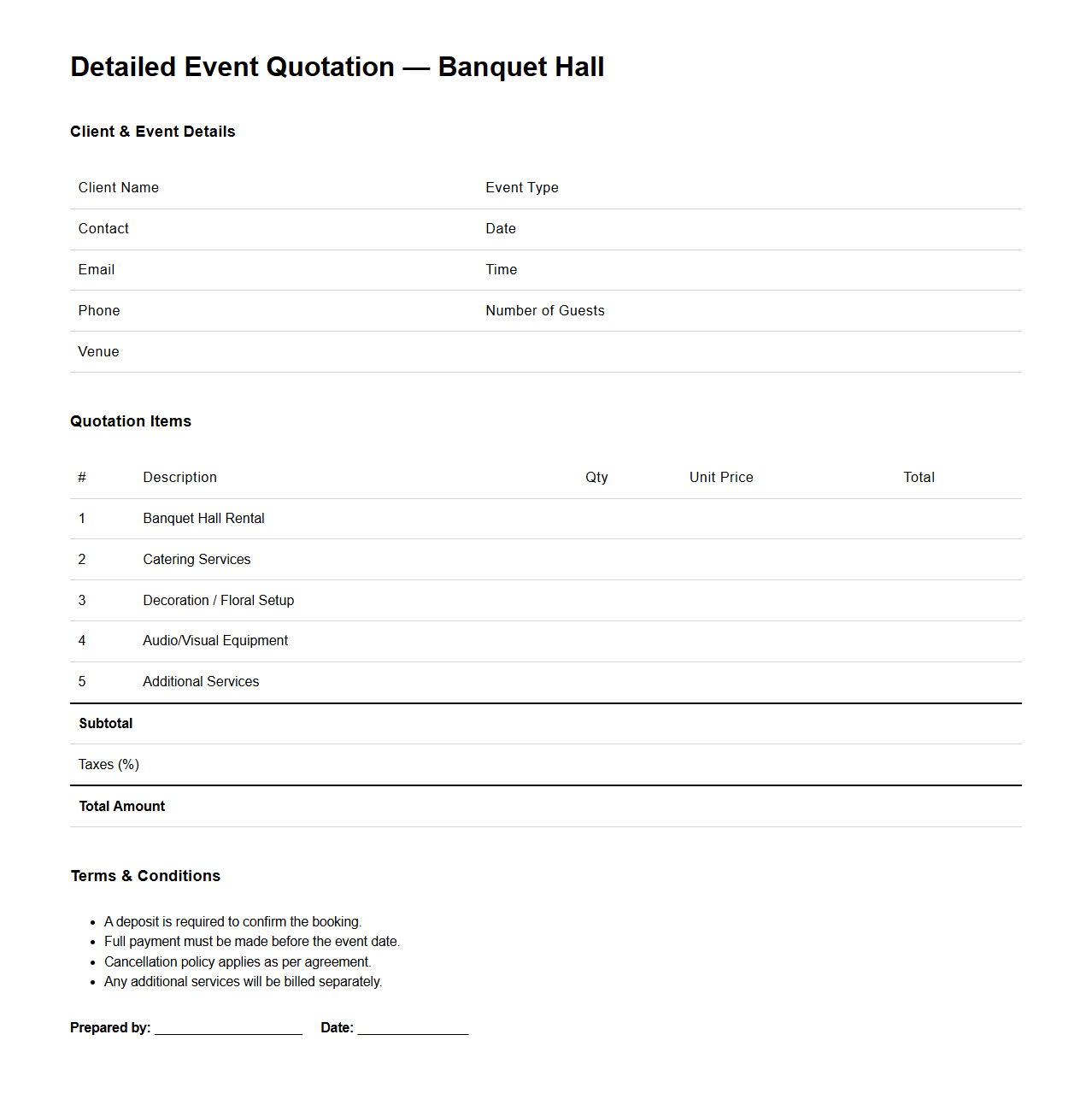 Detailed Event Quotation Table for Banquet Halls