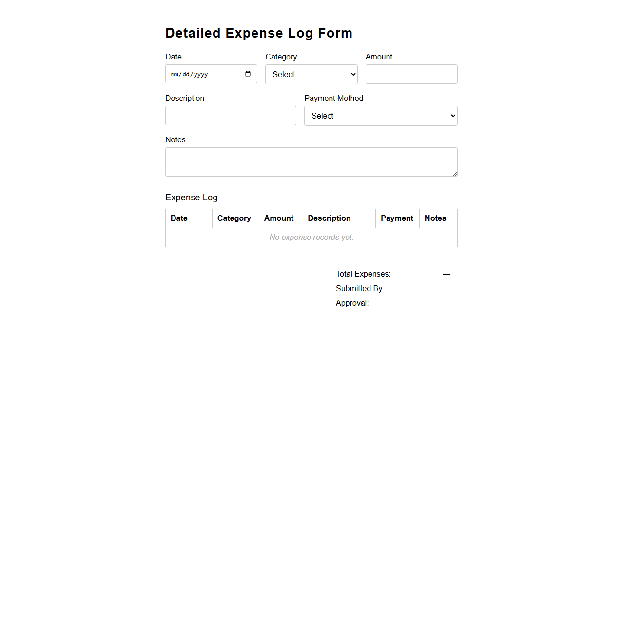 Detailed Expense Log Form Template