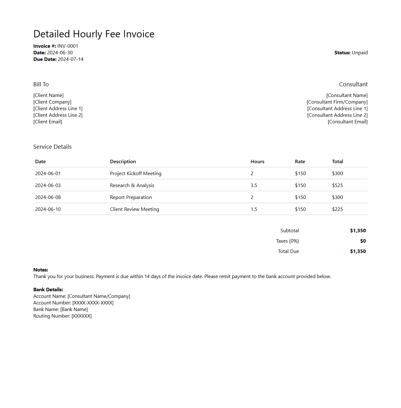 Detailed Hourly Fee Invoice for Consultants