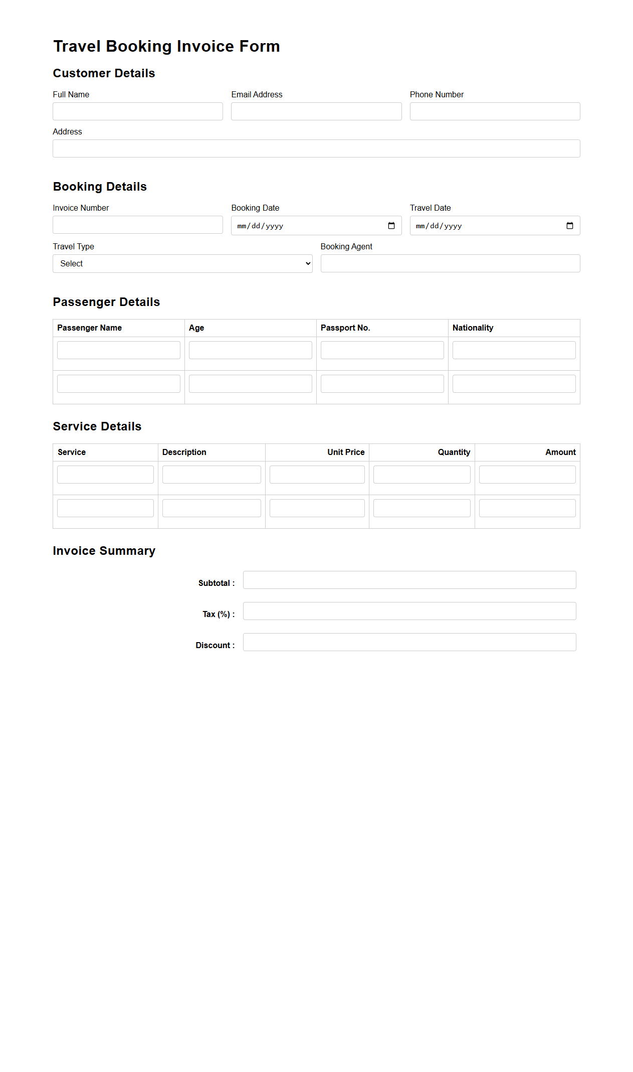 Detailed Travel Booking Invoice Form