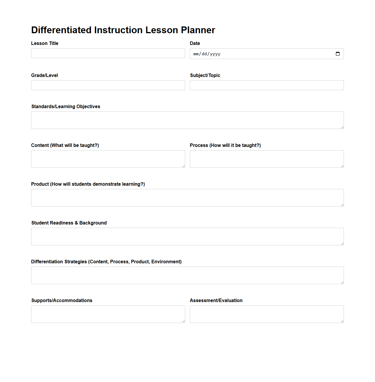 Differentiated Instruction Lesson Planner