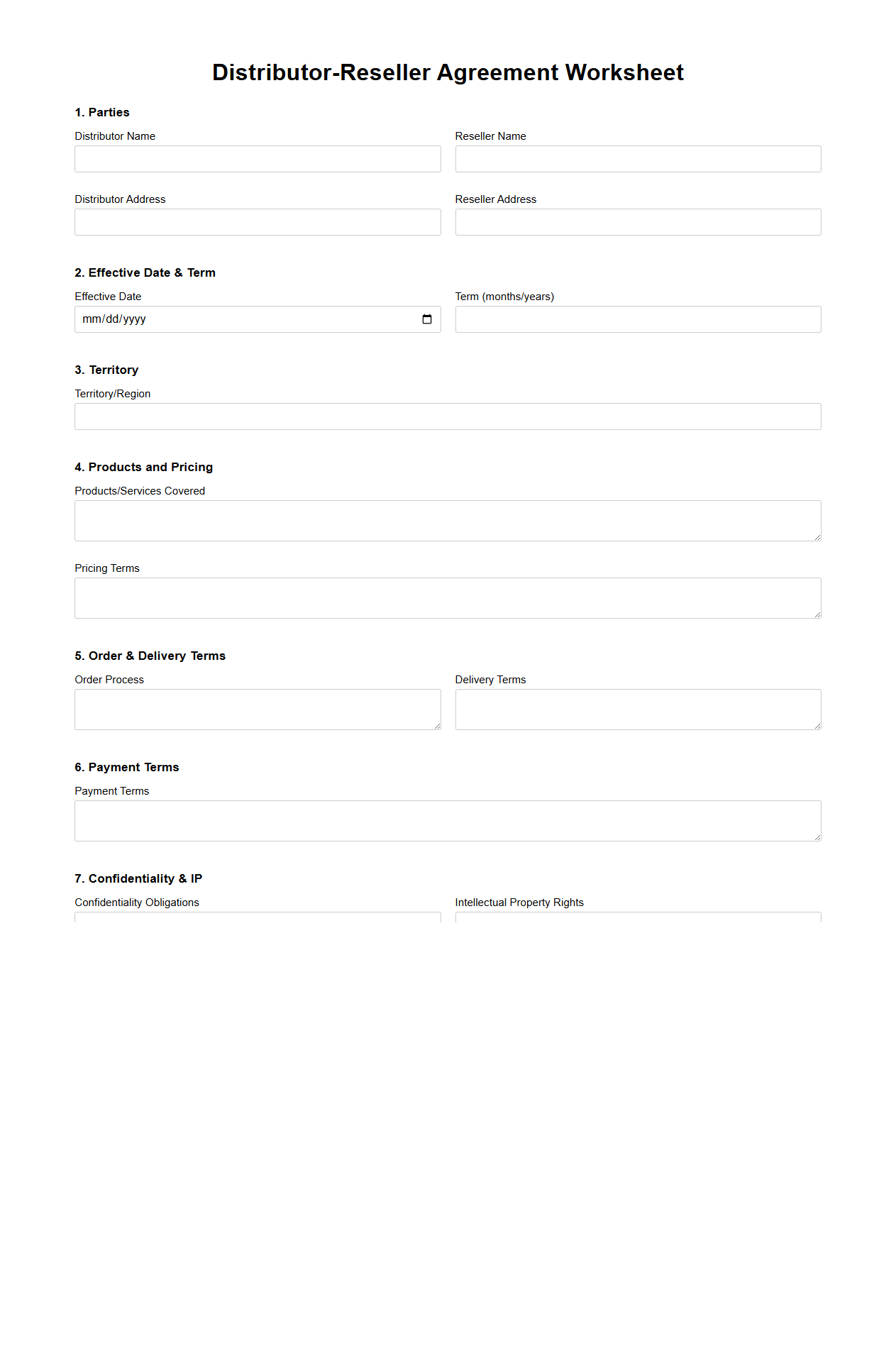 Distributor-Reseller Agreement Worksheet