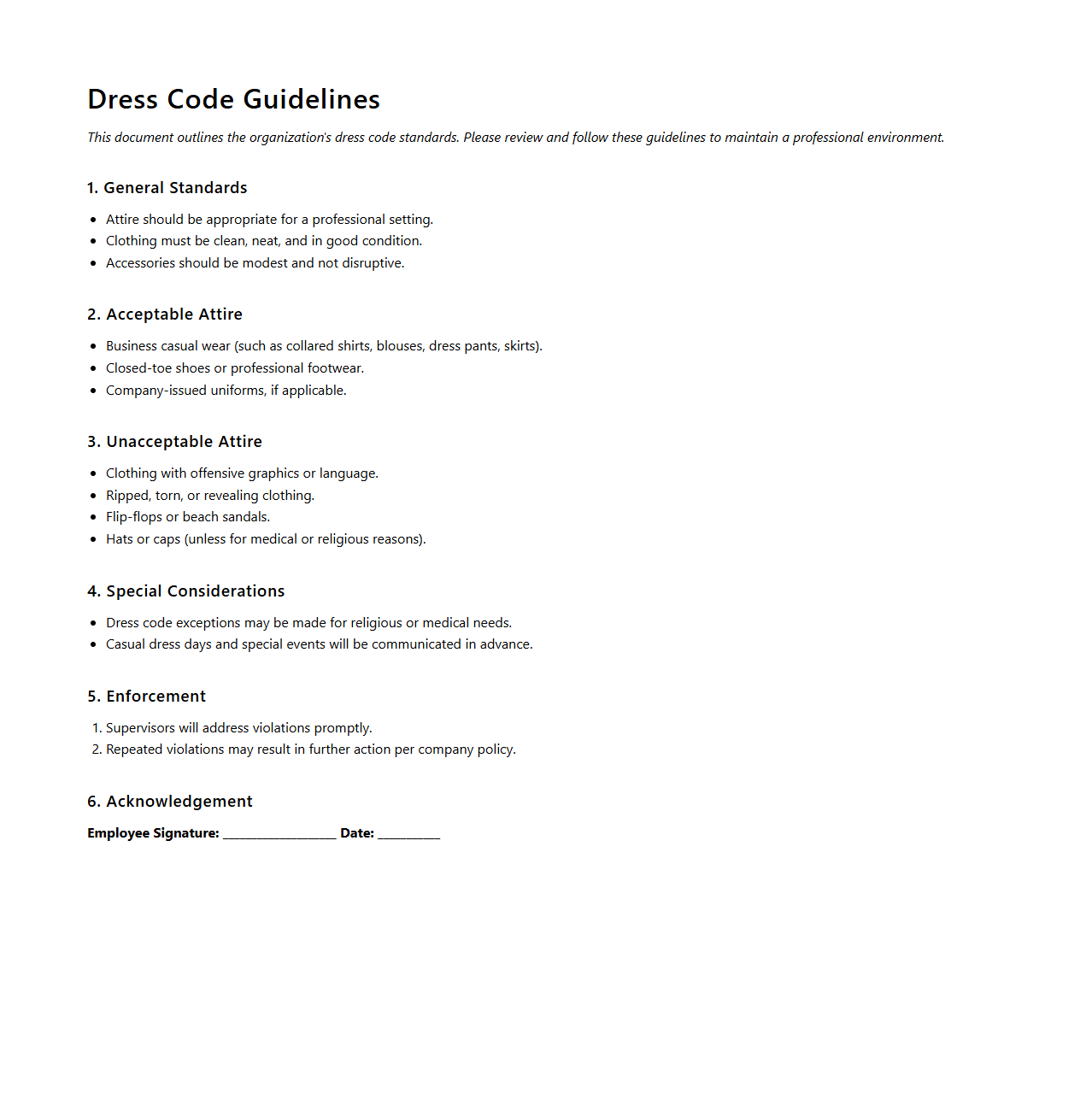 Dress Code Guidelines Template