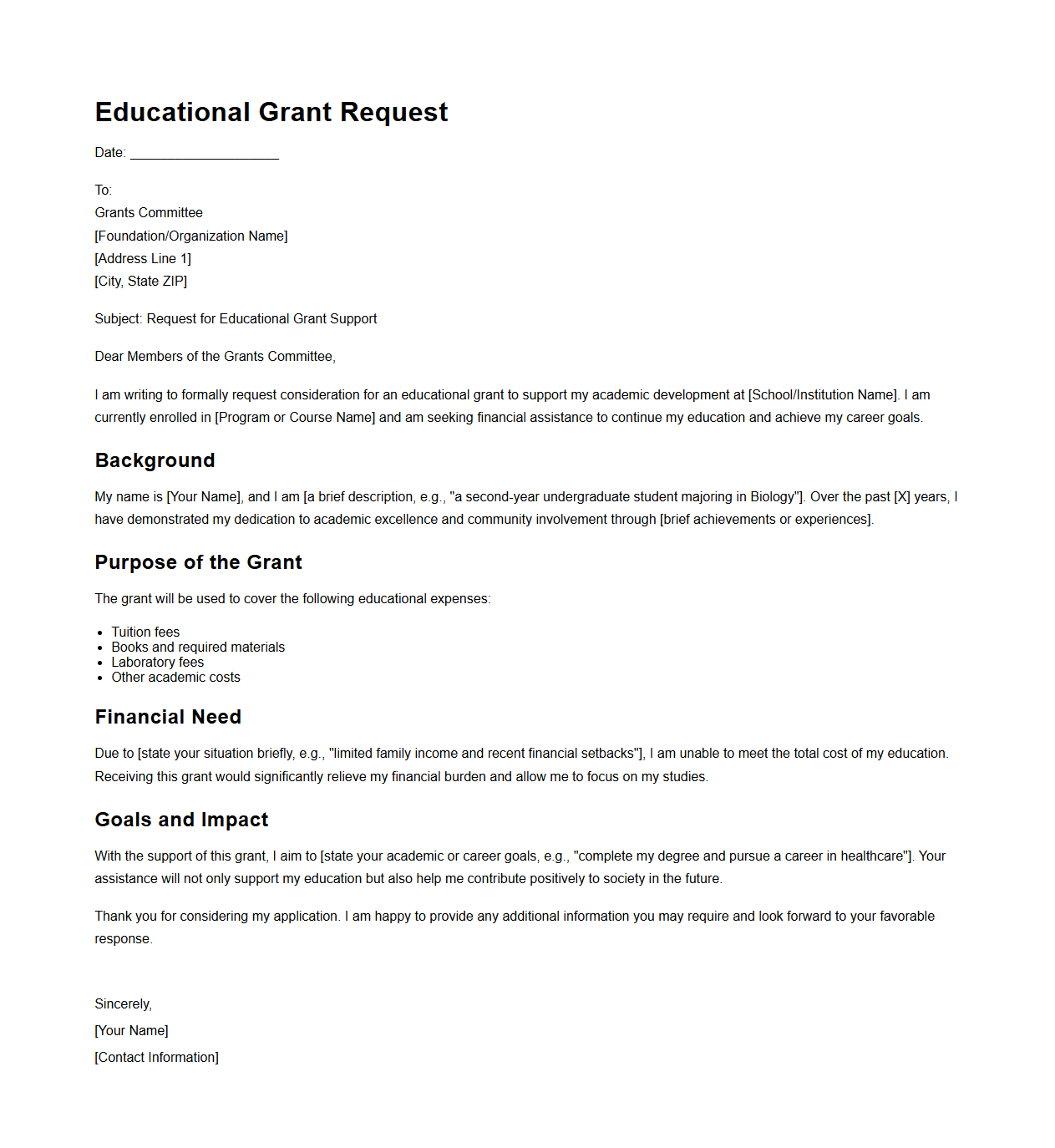 Educational Grant Request Sample