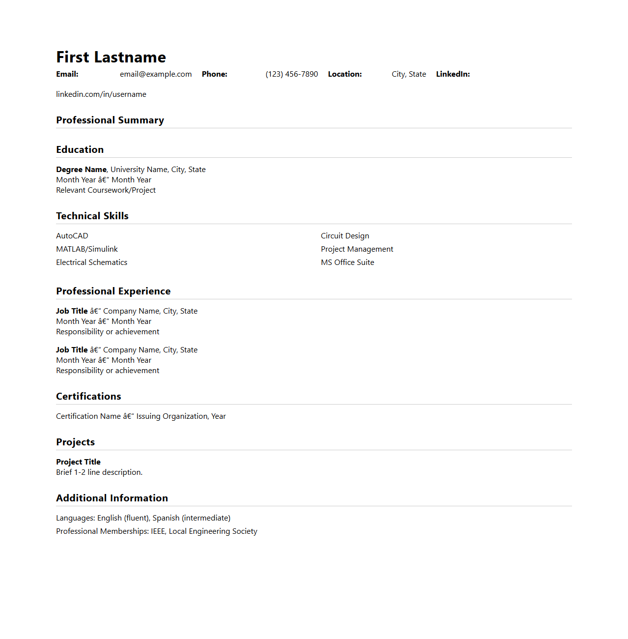 Electrical Engineer Blank Resume Design