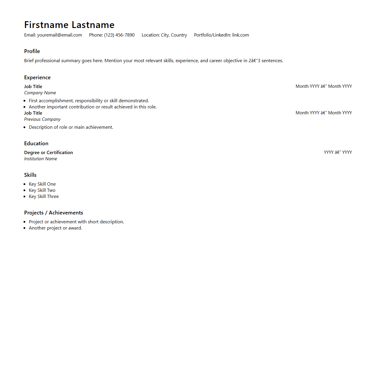 Elegant Plain Resume Structure for Easy Customization