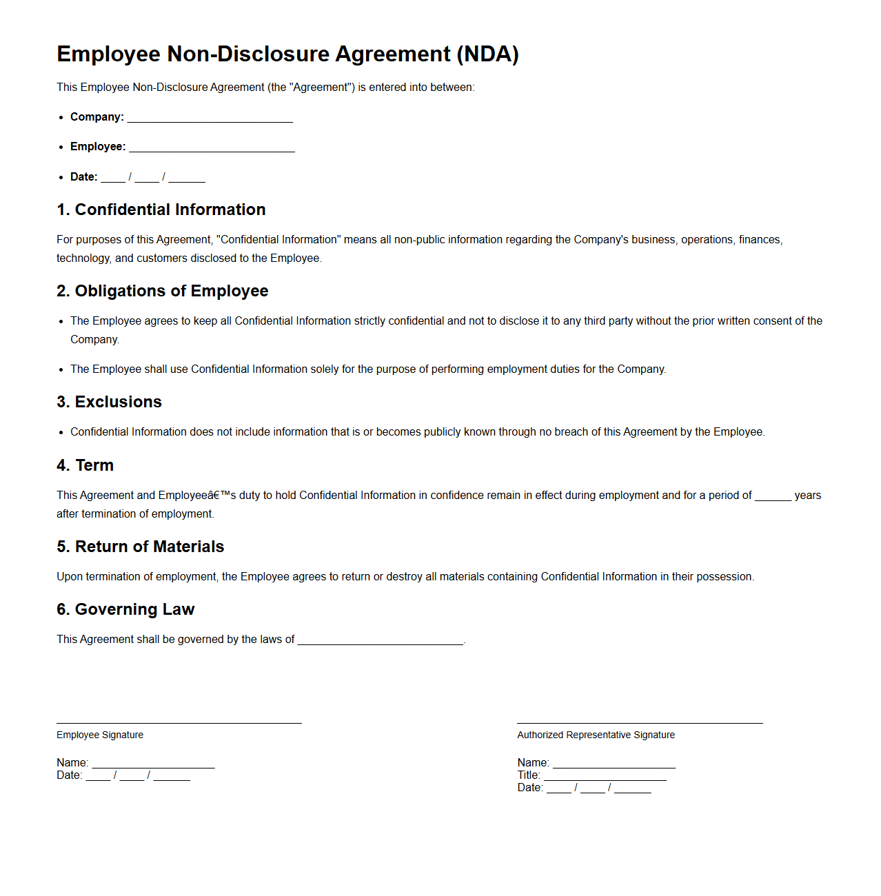 Employee Non-Disclosure Agreement Format