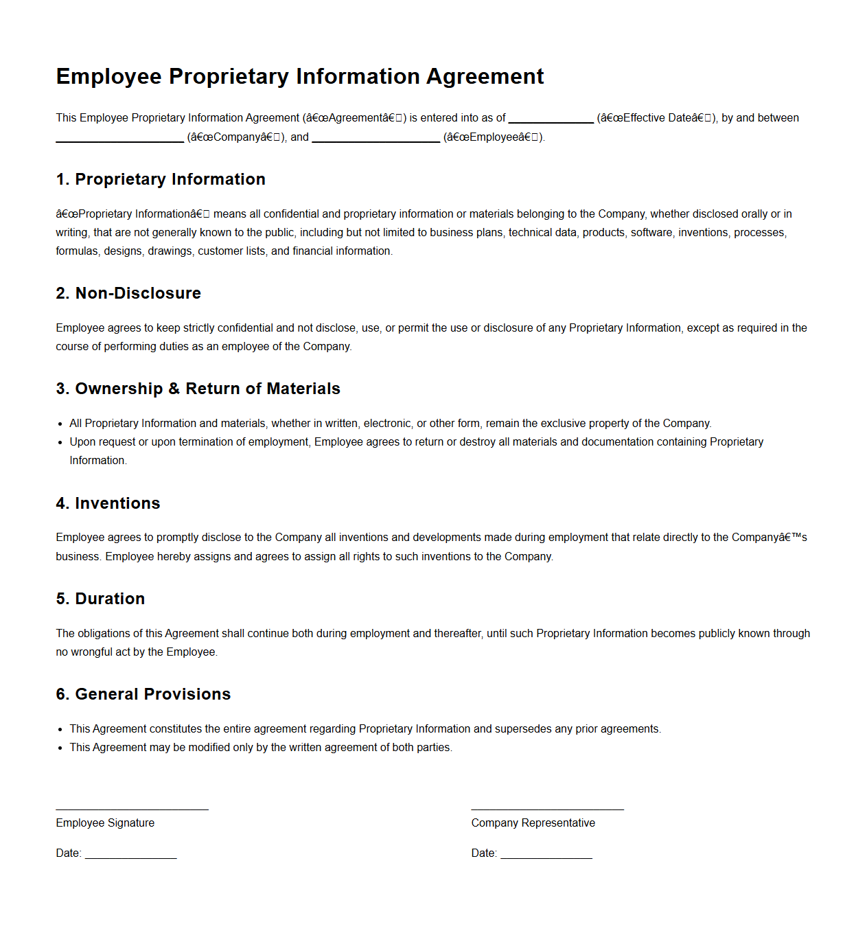 Employee Proprietary Information Agreement