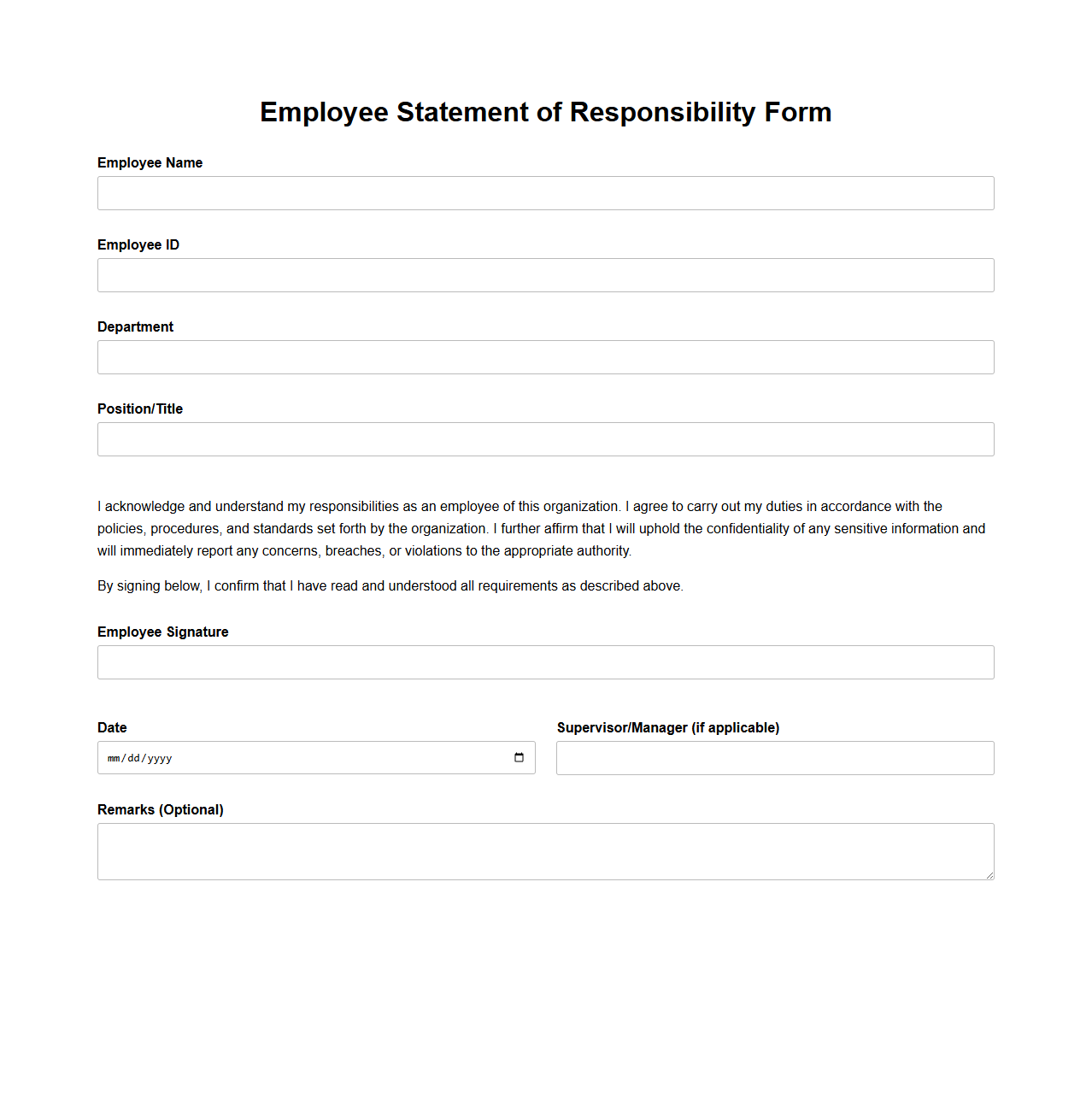 Employee Statement of Responsibility Form