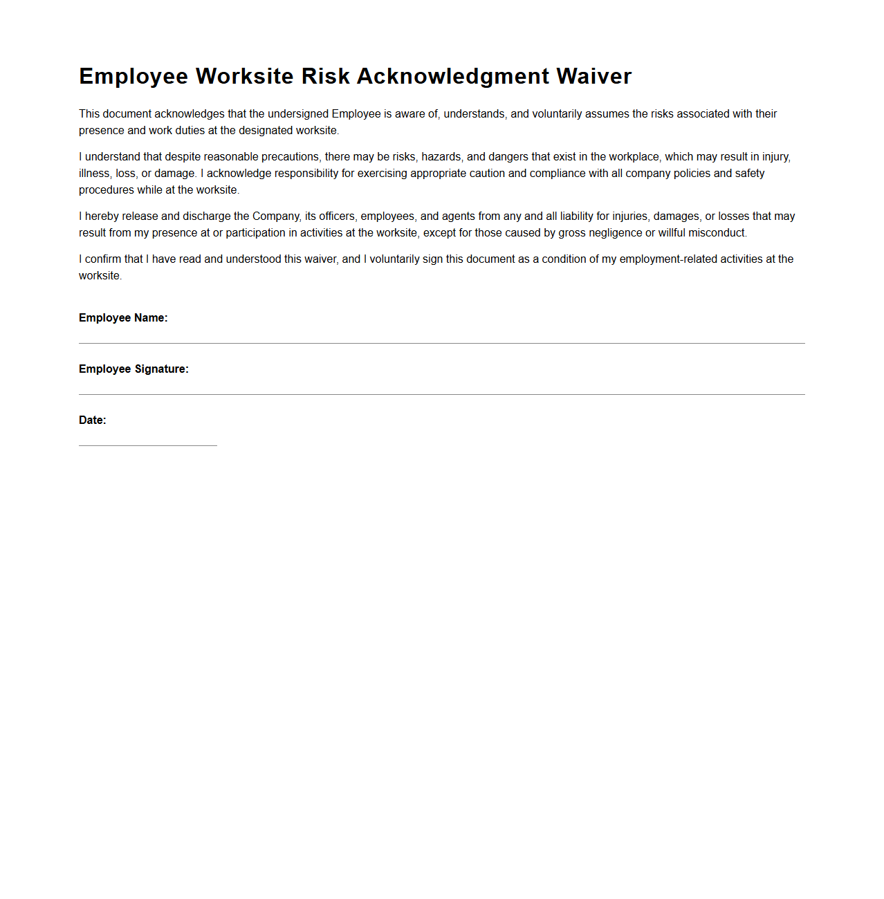 Employee Worksite Risk Acknowledgment Waiver