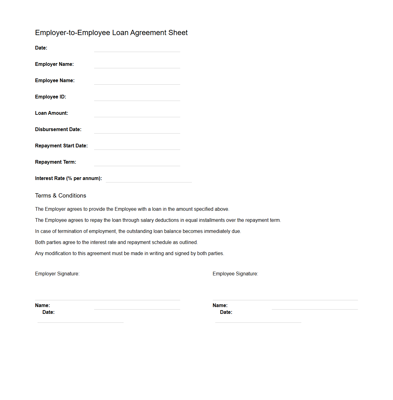 Employer-to-Employee Loan Agreement Sheet