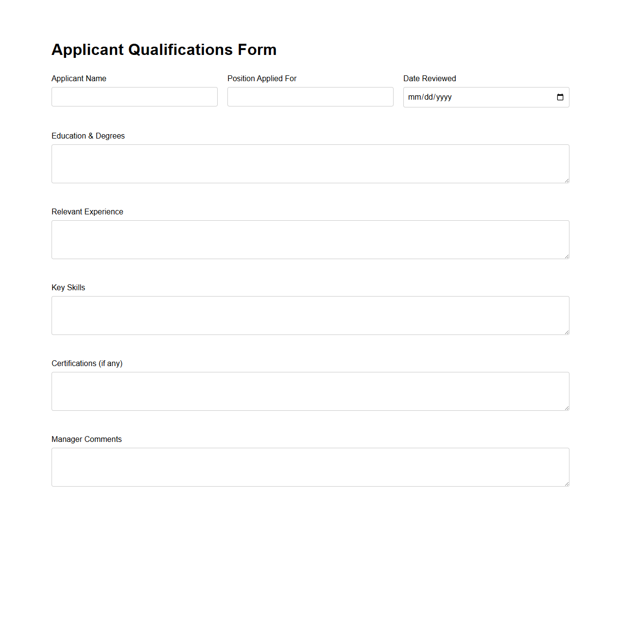Empty Applicant Qualifications Form for Hiring Managers