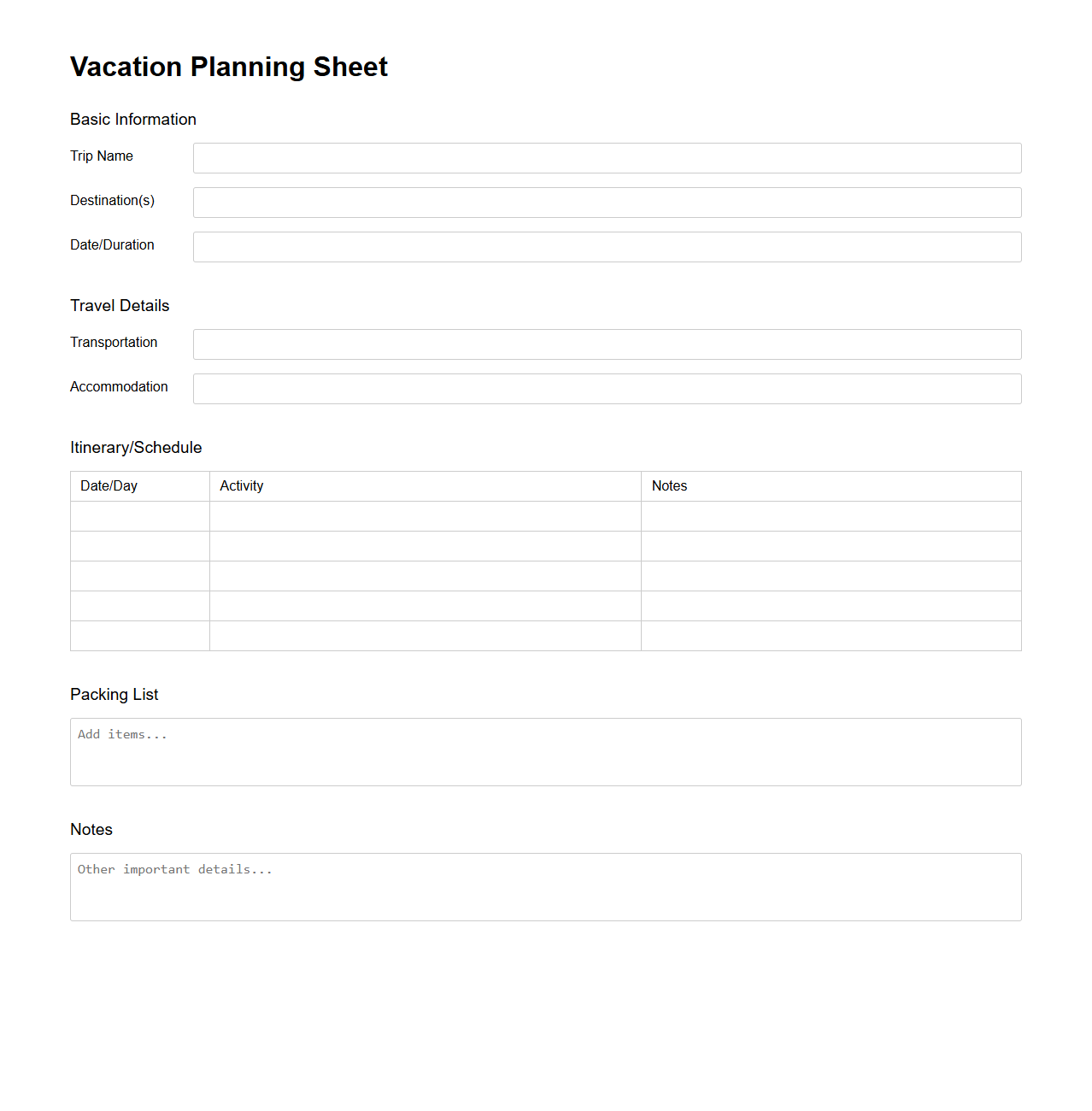 Empty Vacation Planning Sheet