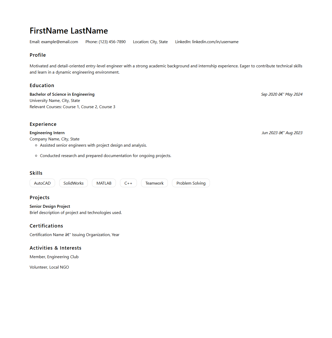 Entry-Level Engineer CV Template