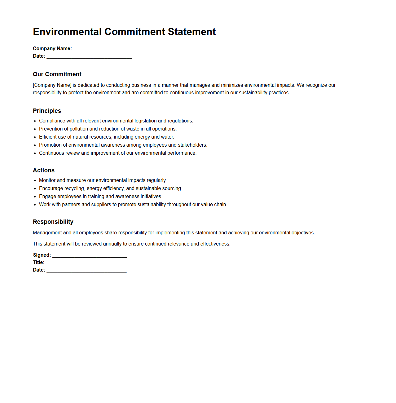 Environmental Commitment Statement Template for Companies
