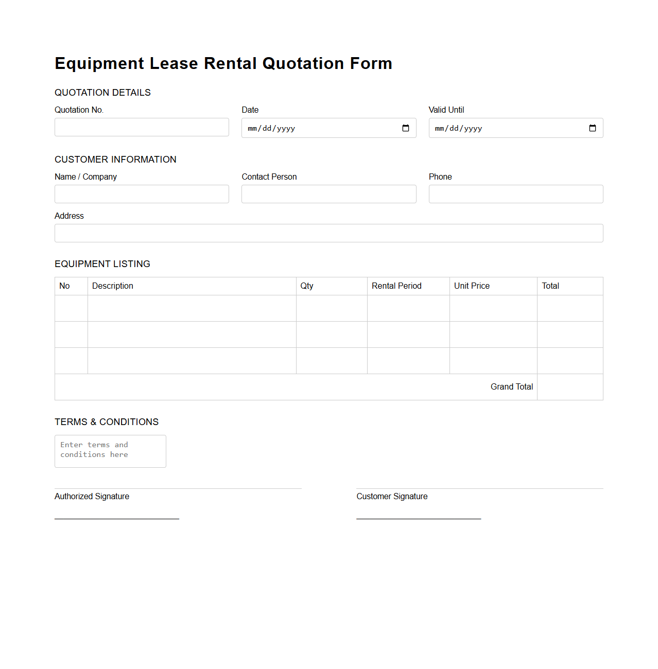 Equipment Lease Rental Quotation Form