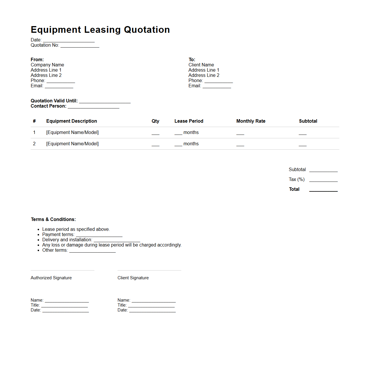 Equipment Leasing Quotation Format