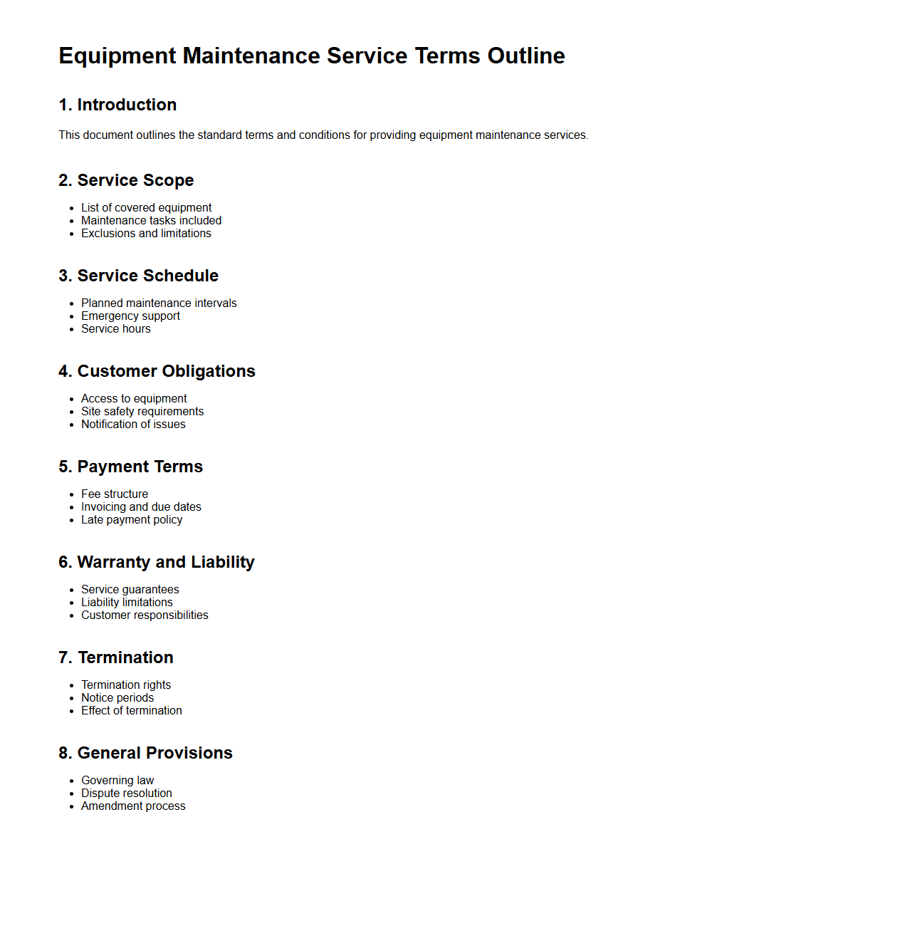 Equipment Maintenance Service Terms Outline