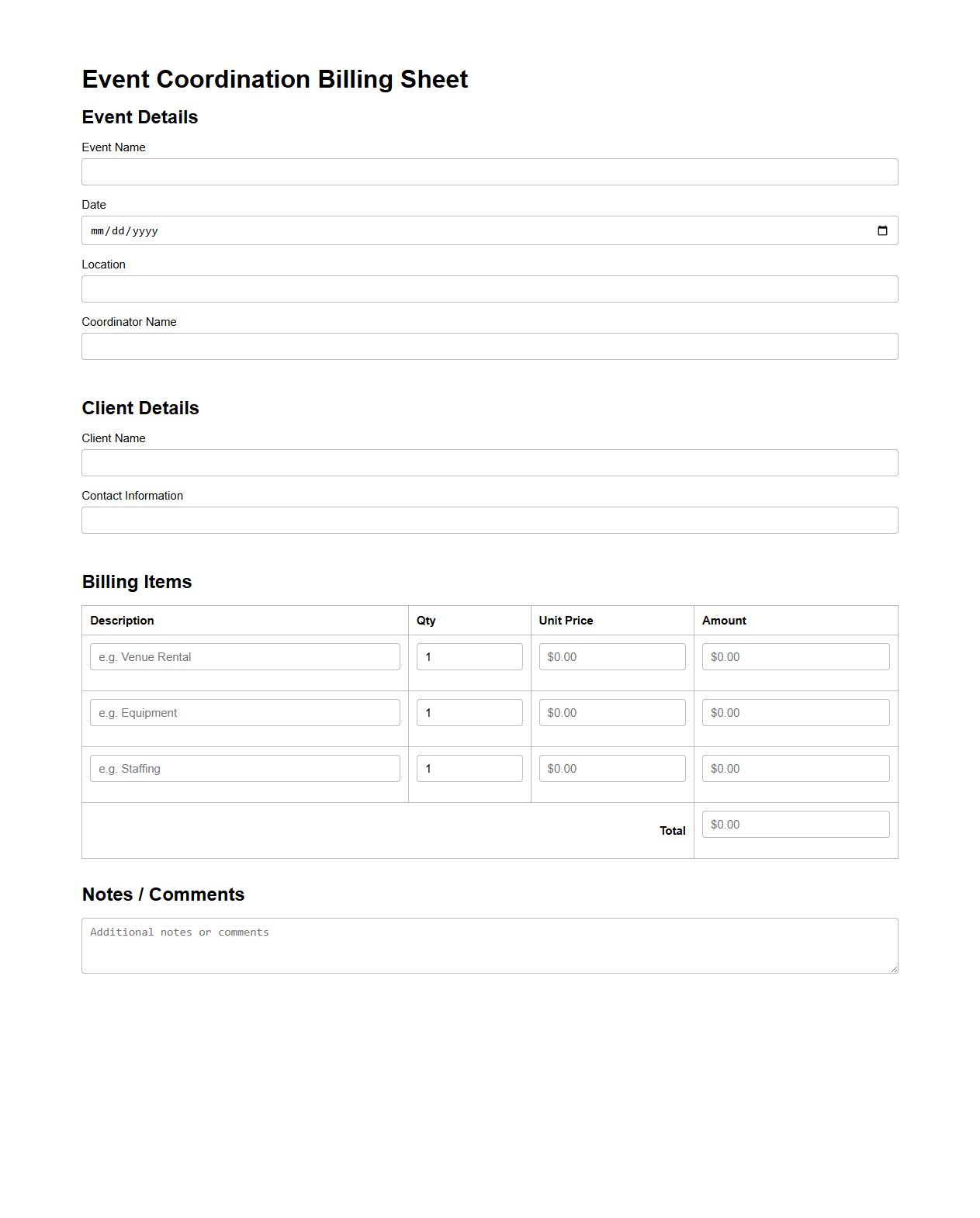 Event Coordination Billing Sheet