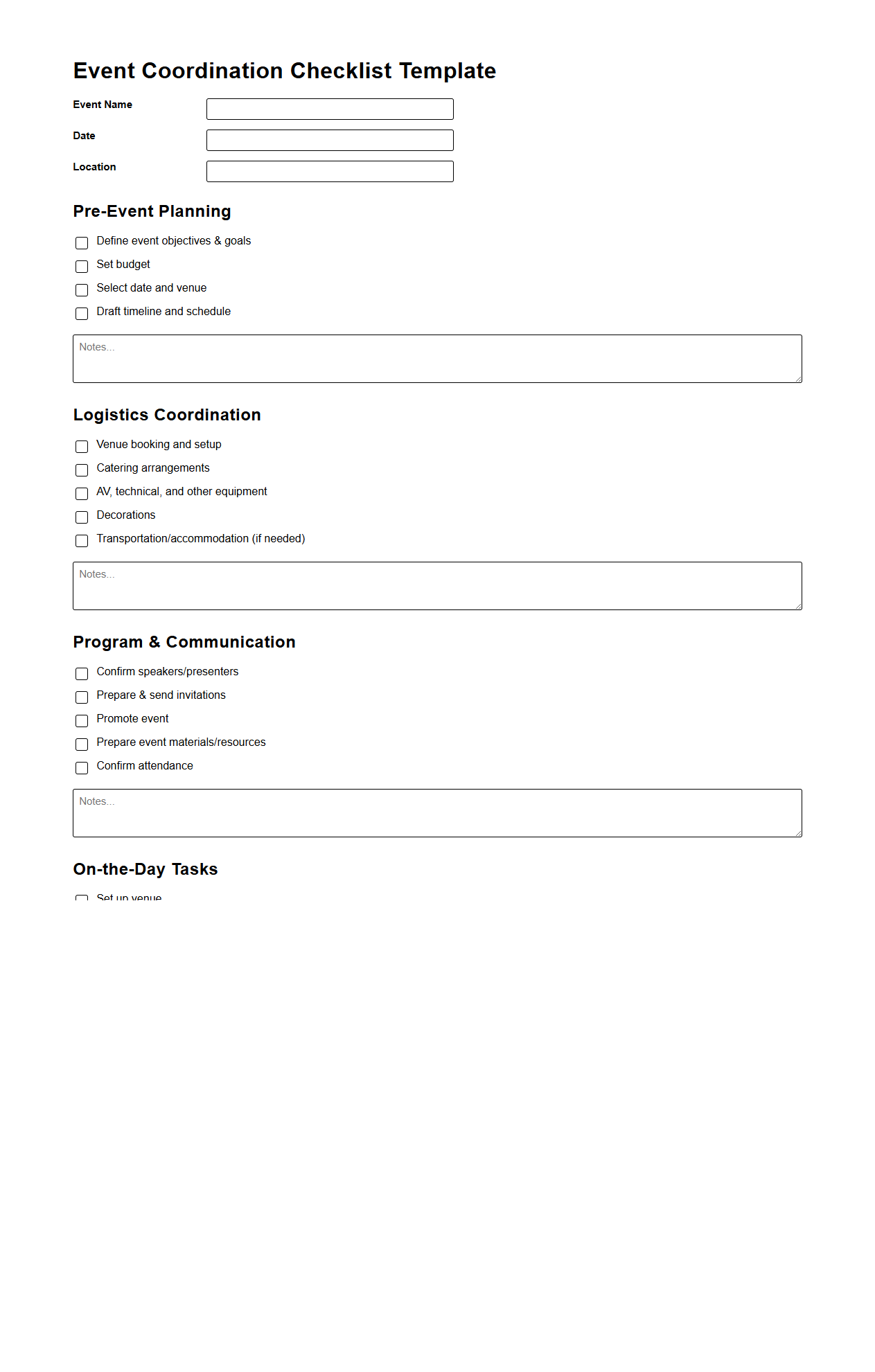 Event Coordination Checklist Template