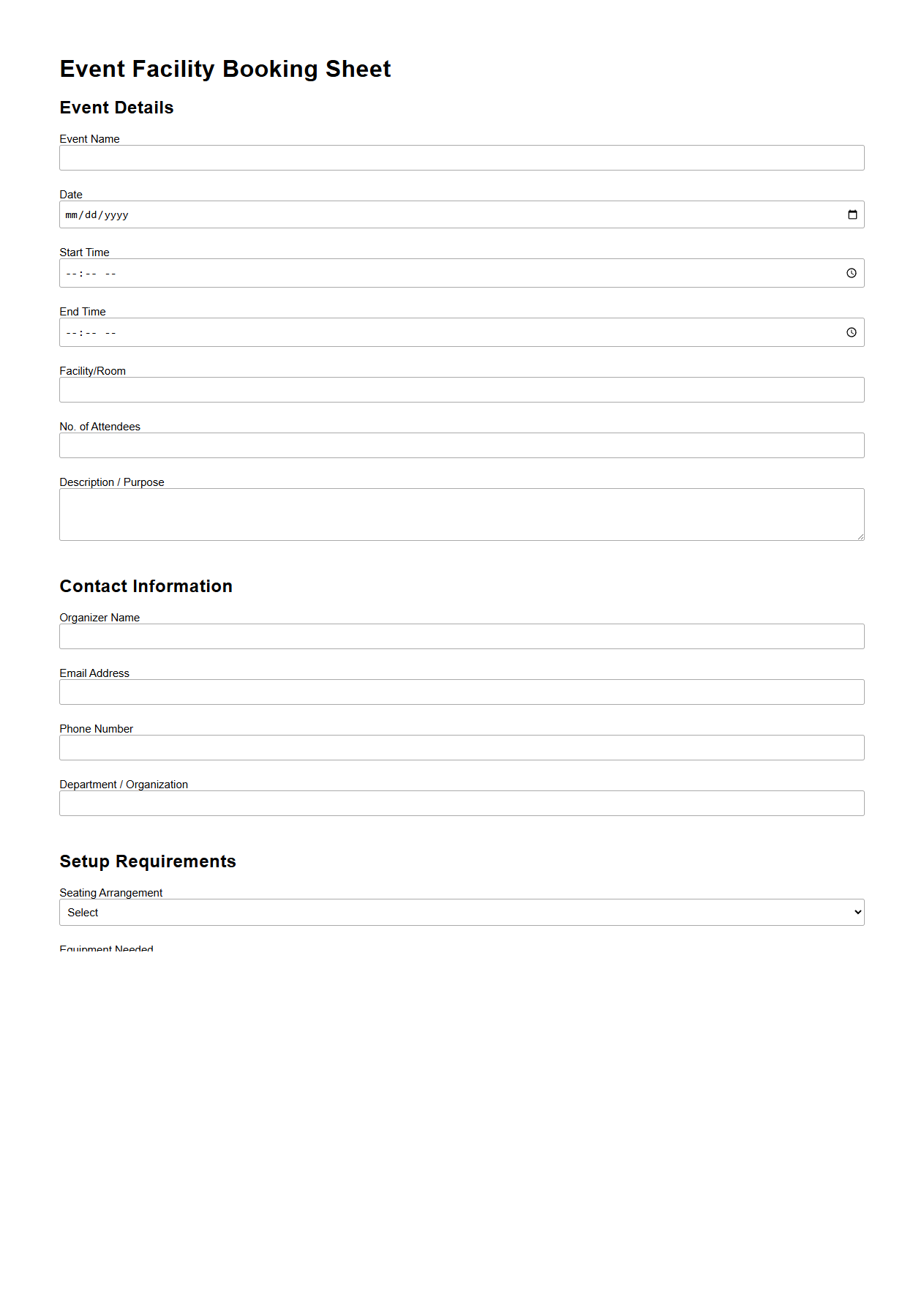 Event Facility Booking Sheet Template