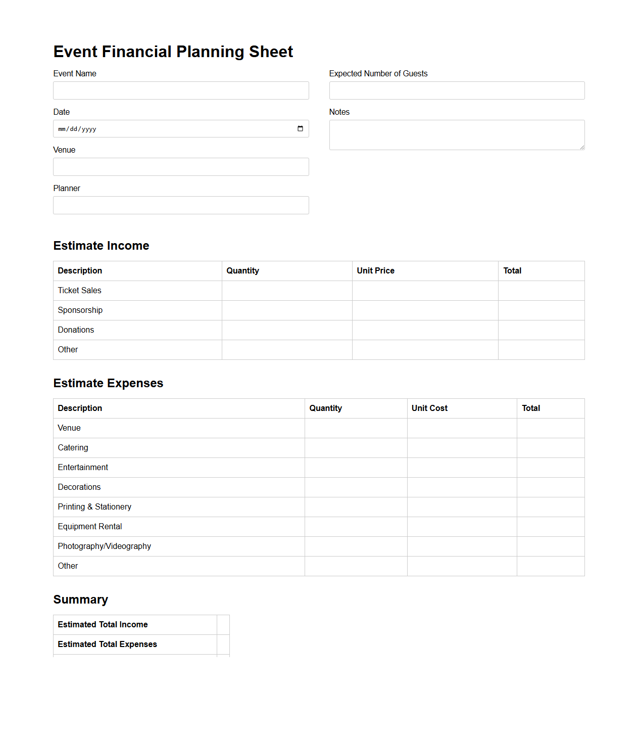 Event Financial Planning Sheet for Parties