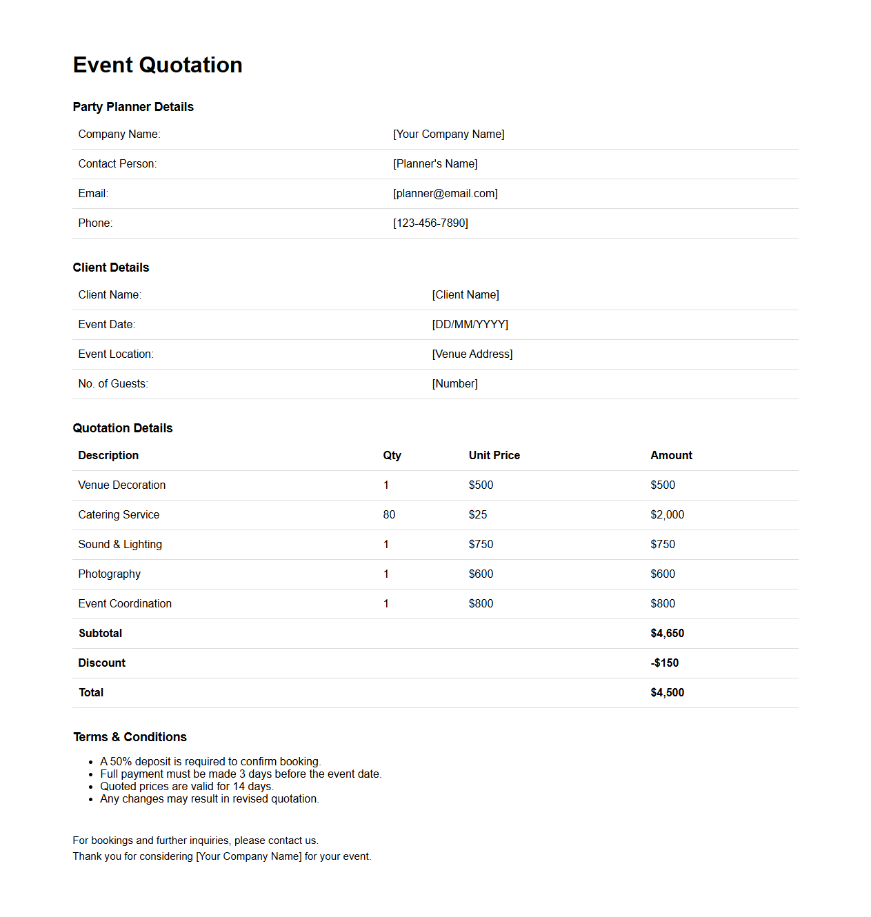 Event Quotation Sample Page for Party Planners