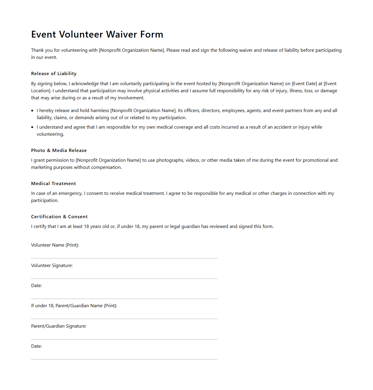 Event Volunteer Waiver Template for Nonprofits